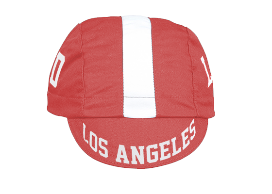 Red and White Cap.  Front view brim down.  Los Angeles text.