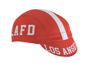 Red and White Cap with LAFD text.  Angled view.