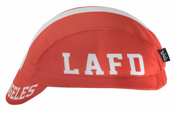 Red and White Cap with LAFD text.  Side view.