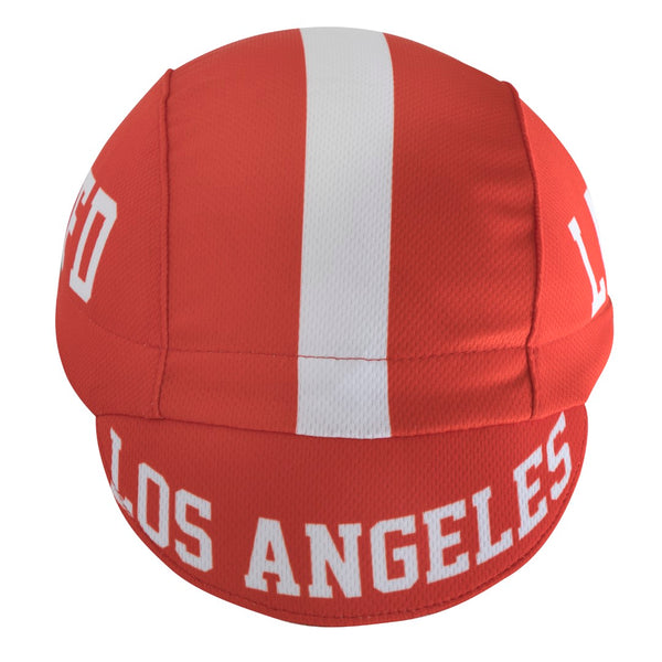 Red and White Cap with Los Angeles text.  Front view bill down.